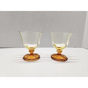 Pair Of Uranium Glass Optic Juice Glasses Green Cup Amber Foot